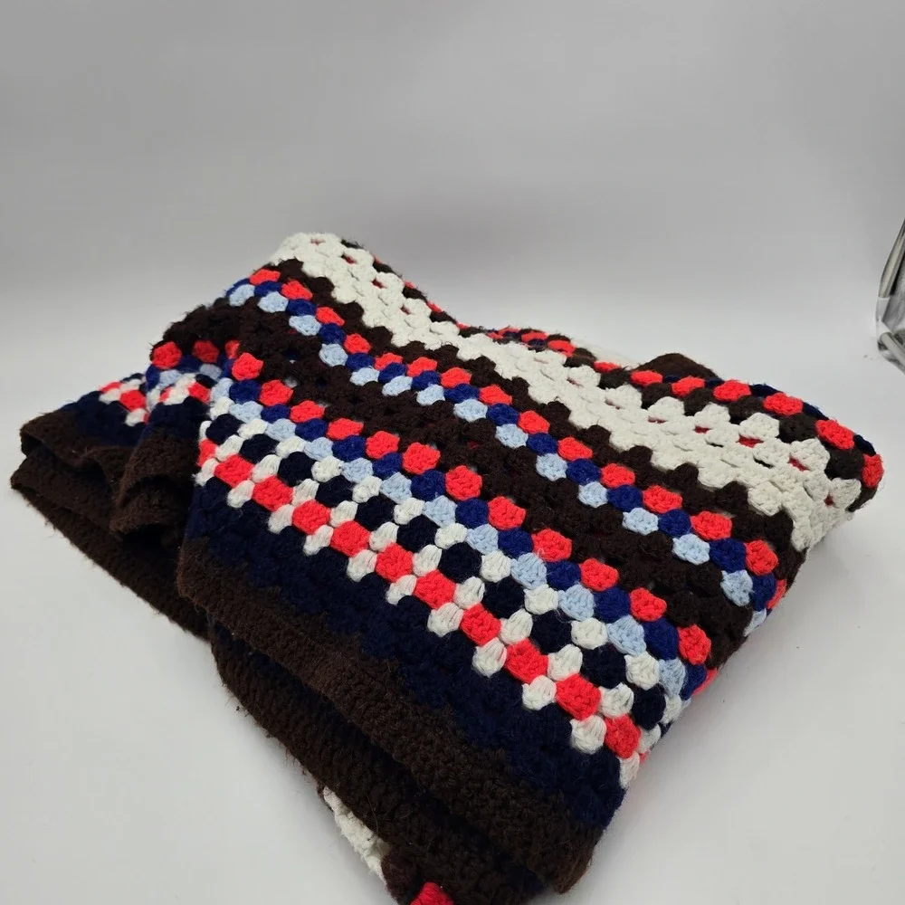 Afghan Throw Granny Square Blanket‎ Vintage Handmade Crochet 64 x 54 Cottagecore